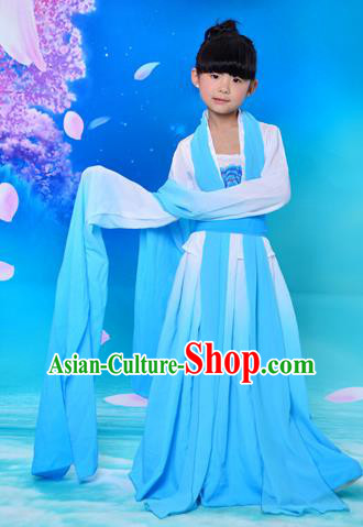 Traditional Asian Oriental Water Sleeve Costumes, China Tang Dynasty Hanfu Princess Fairy Blue Dress for Kids