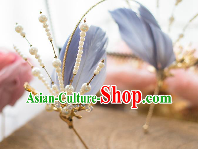 Top Grade Handmade Classical Hair Accessories Baroque Style Princess Pearls Blue Feathers Hair Clasp Headwear for Women