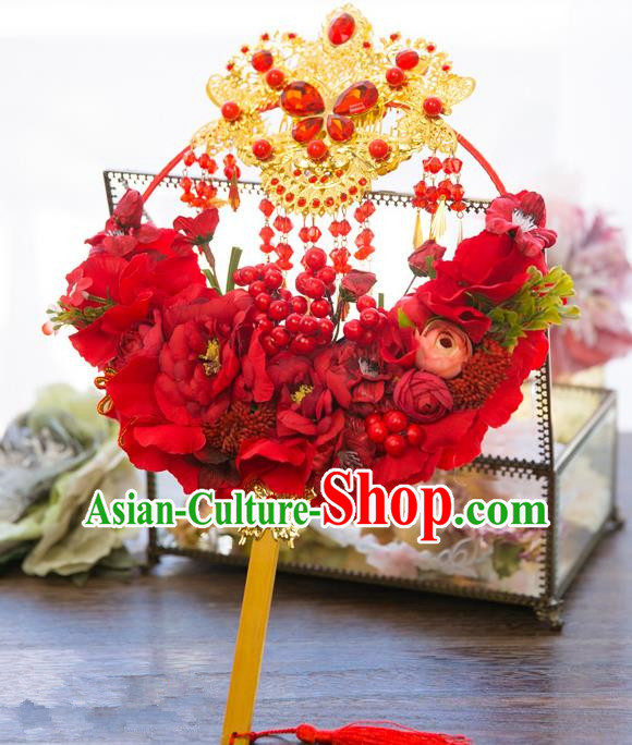 Traditional Asian Oriental Chinese Palace Lady Princess Wedding Round Fans, Bride Red Flowers Circular Fan for Women