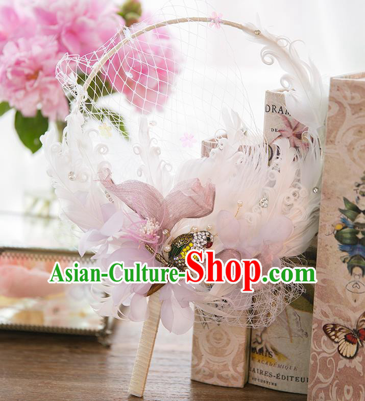 Traditional Asian Oriental Chinese Palace Lady Princess Wedding Round Fans, Bride White Feather Circular Fan for Women