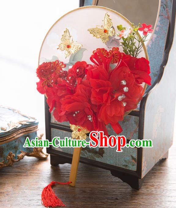 Traditional Asian Oriental Chinese Palace Lady Princess Wedding Round Fans, Bride Red Silk Flowers Circular Fan for Women