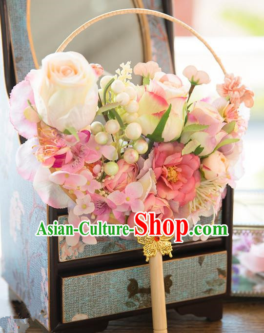 Traditional Asian Oriental Chinese Palace Lady Princess Wedding Round Fans, Bride White Silk Rose Flowers Circular Fan for Women