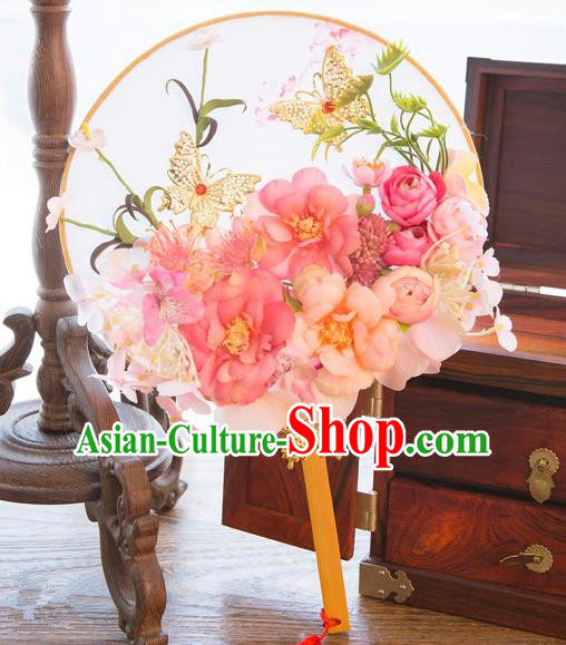 Traditional Asian Oriental Chinese Palace Lady Princess Wedding Round Fans, Bride Pink Flowers Circular Fan for Women