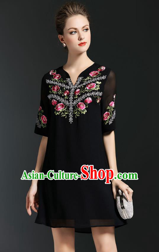 Asian Chinese Oriental Costumes Classical Embroidery Black Chiffon Short Dress, Traditional China National Tang Suit Qipao Dress for Women