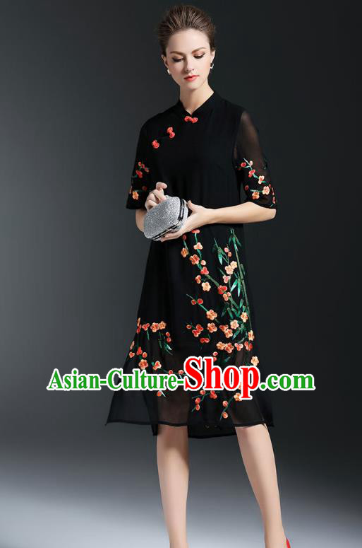 Asian Chinese Oriental Costumes Classical Embroidery Plum Blossom Black Cheongsam, Traditional China National Chirpaur Tang Suit Qipao Dress for Women