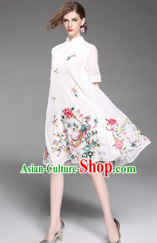 Asian Chinese Oriental Costumes Classical Slant Opening Embroidery Phoenix Peony Cheongsam, Traditional China National Chirpaur Tang Suit Plated Buttons White Qipao Dress for Women