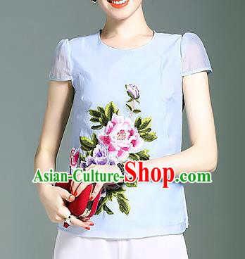 Asian Chinese Oriental Costumes Classical Embroidery Peony Cheongsam Upper Outer Garment, Traditional China National Chirpaur Tang Suit Plated Buttons Blue Blouse for Women