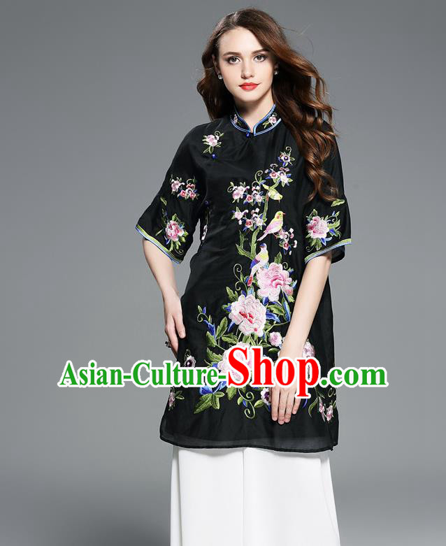 Asian Chinese Oriental Costumes Classical Embroidery Peony Black Cheongsam Upper Outer Garment, Traditional China National Chirpaur Tang Suit Stand Collar Blouse for Women