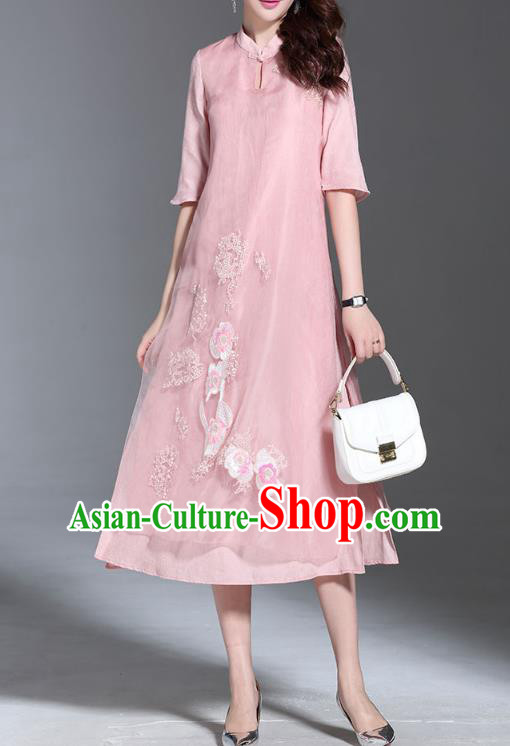 Asian Chinese Oriental Costumes Classical Palace Embroidery Pink Cheongsam, Traditional China National Chirpaur Tang Suit Plated Buttons Qipao for Women