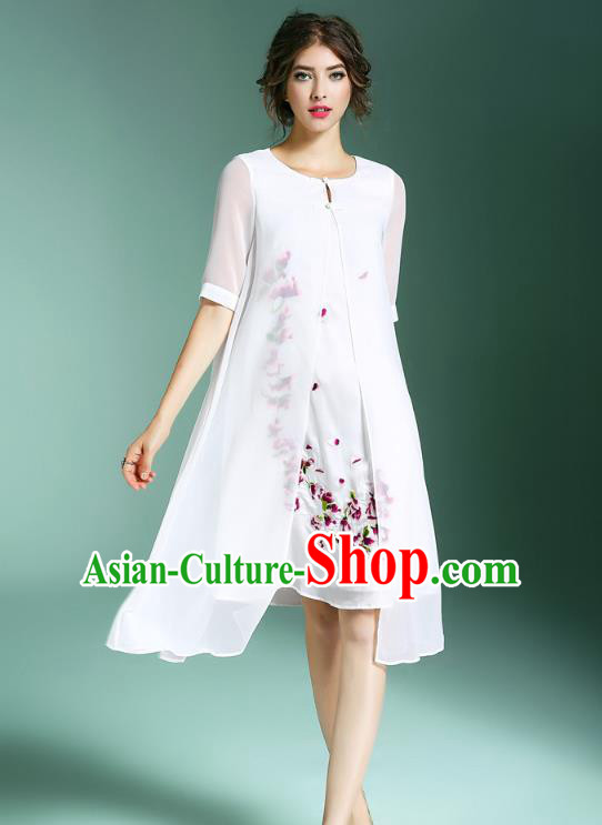 Asian Chinese Oriental Costumes Classical Palace Embroidery White Silk Cheongsam, Traditional China National Chirpaur Tang Suit Plated Buttons Qipao for Women