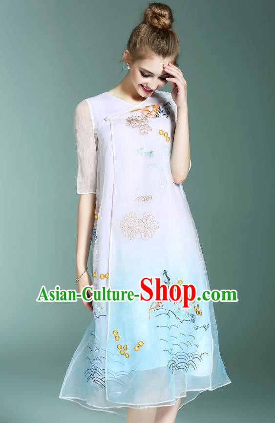 Asian Chinese Oriental Costumes Classical Palace Embroidery Blue Cheongsam, Traditional China National Chirpaur Tang Suit Plated Buttons Qipao for Women