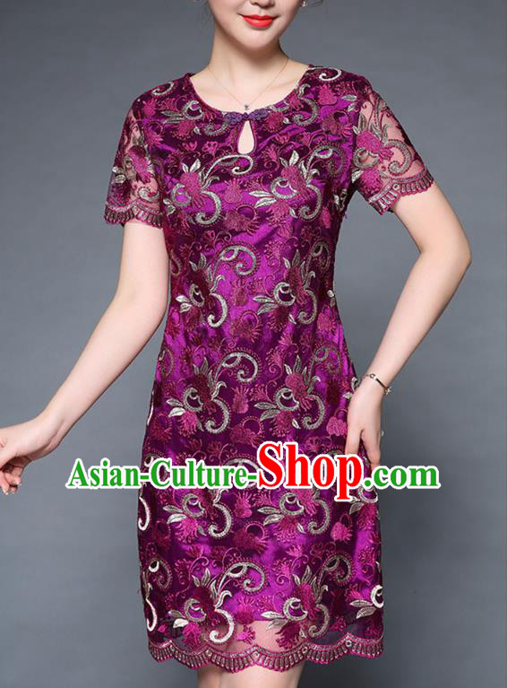 Asian Chinese Oriental Costumes Classical Embroidery Purple Lace Dress, Traditional China National Chirpaur Tang Suit Dresses for Women