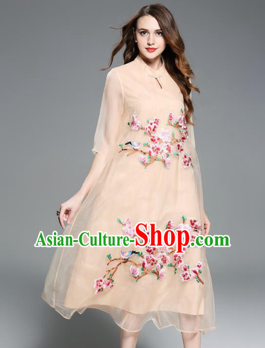 Asian Chinese Oriental Costumes Classical Embroidery Apricot Silk Cheongsam, Traditional China National Chirpaur Tang Suit Plated Buttons Qipao for Women