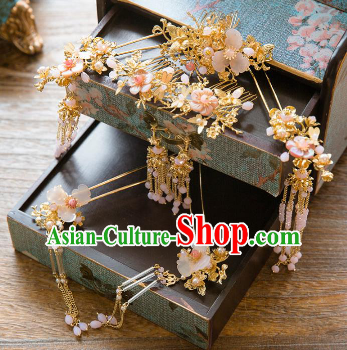 Aisan Chinese Handmade Classical Hair Accessories Pink Flowers Phoenix Coronet Complete Set, China Xiuhe Suit Hairpins Wedding Headwear for Women