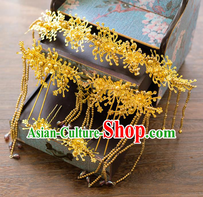 Aisan Chinese Handmade Classical Hair Accessories Tassel Golden Phoenix Coronet Complete Set, China Xiuhe Suit Hairpins Wedding Headwear for Women