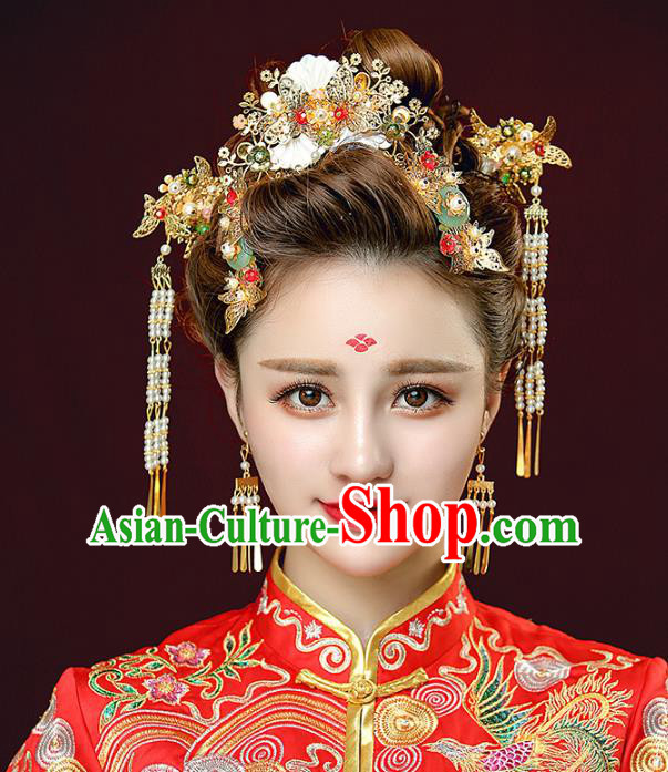 Aisan Chinese Handmade Classical Hair Accessories Tassel Phoenix Coronet Complete Set, China Xiuhe Suit Hairpins Wedding Headwear for Women