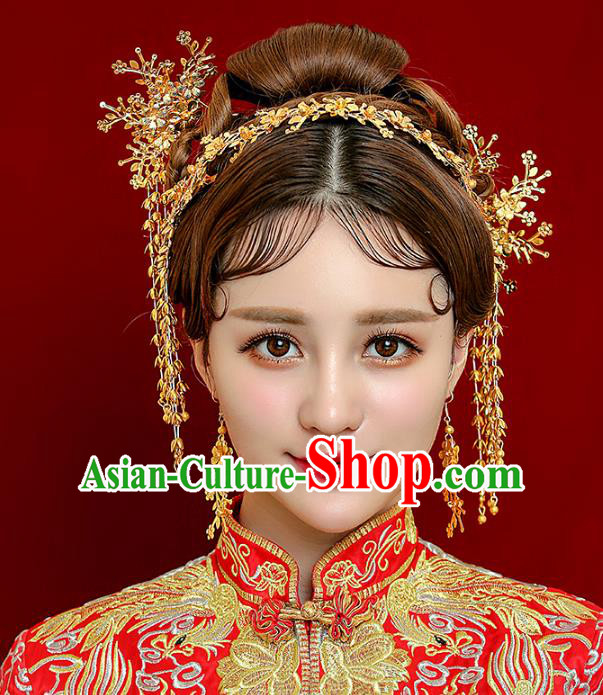 Aisan Chinese Handmade Classical Hair Accessories Golden Phoenix Coronet Complete Set, China Xiuhe Suit Tassel Hairpins Wedding Headwear for Women