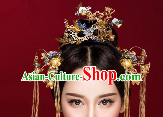 Aisan Chinese Handmade Classical Hair Accessories Blueing Phoenix Coronet Complete Set, China Xiuhe Suit Tassel Hairpins Wedding Headwear for Women