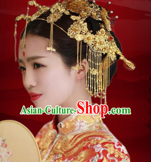 Aisan Chinese Handmade Classical Hair Accessories Golden Butterfly Phoenix Coronet Complete Set, China Xiuhe Suit Tassel Hairpins Wedding Headwear for Women