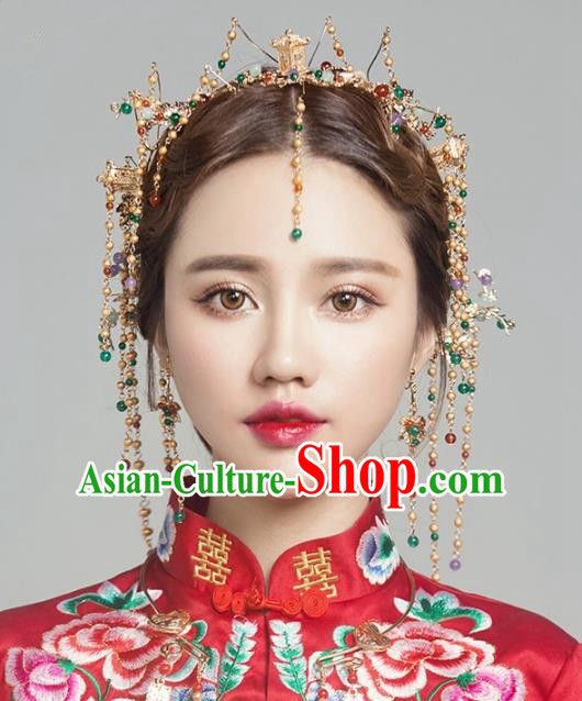 Aisan Chinese Handmade Classical Hair Accessories Phoenix Coronet Complete Set, China Xiuhe Suit Tassel Hairpins Wedding Headwear for Women