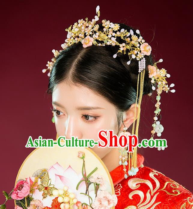 Aisan Chinese Handmade Classical Hair Accessories Complete Set, China Xiuhe Suit Hairpins Pink Flowers Wedding Headwear for Women