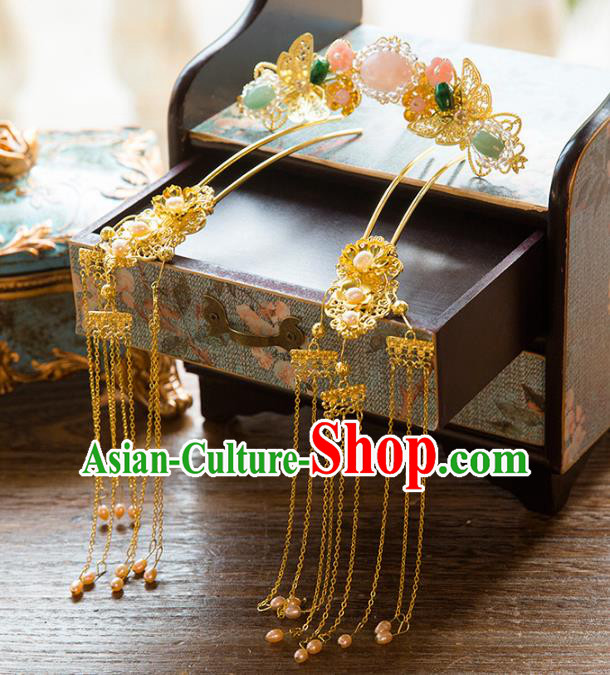 Aisan Chinese Handmade Classical Hair Accessories Jade Hair Comb Complete Set, China Xiuhe Suit Tassel Step Shake Hairpins Wedding Headwear for Women