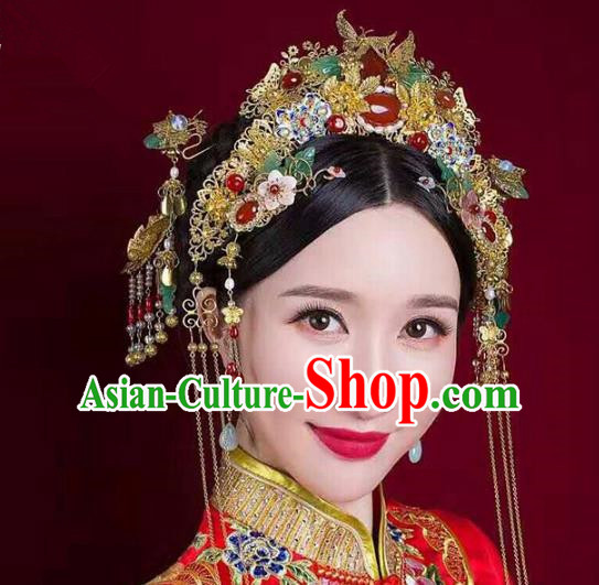 Aisan Chinese Handmade Classical Hair Accessories Tassel Phoenix Coronet Complete Set, China Xiuhe Suit Hairpins Wedding Headwear for Women