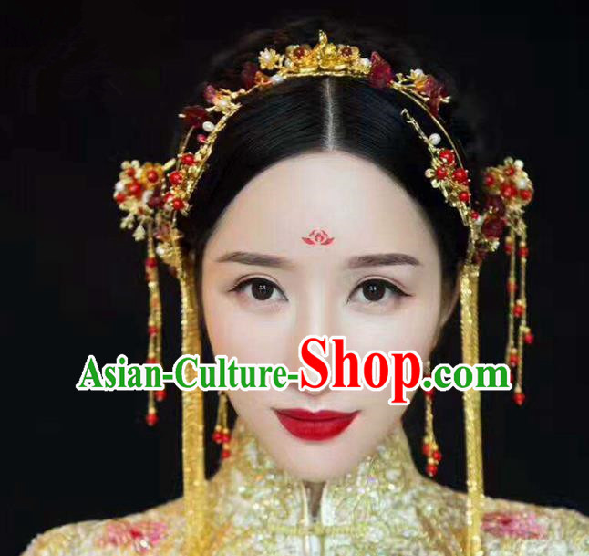 Aisan Chinese Handmade Classical Hair Accessories Red Beads Phoenix Coronet Complete Set, China Xiuhe Suit Hairpins Wedding Headwear for Women