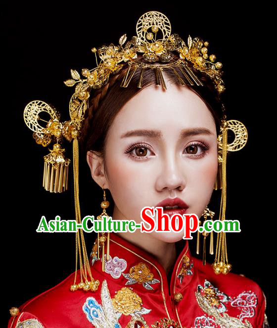 Aisan Chinese Handmade Classical Hair Accessories Golden Phoenix Coronet Complete Set, China Xiuhe Suit Hairpins Wedding Headwear for Women