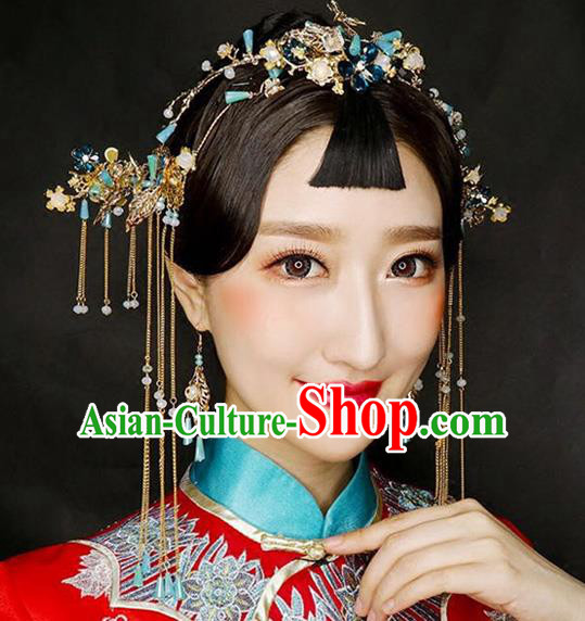 Aisan Chinese Handmade Classical Hair Accessories Blue Beads Phoenix Coronet Complete Set, China Xiuhe Suit Hairpins Wedding Headwear for Women