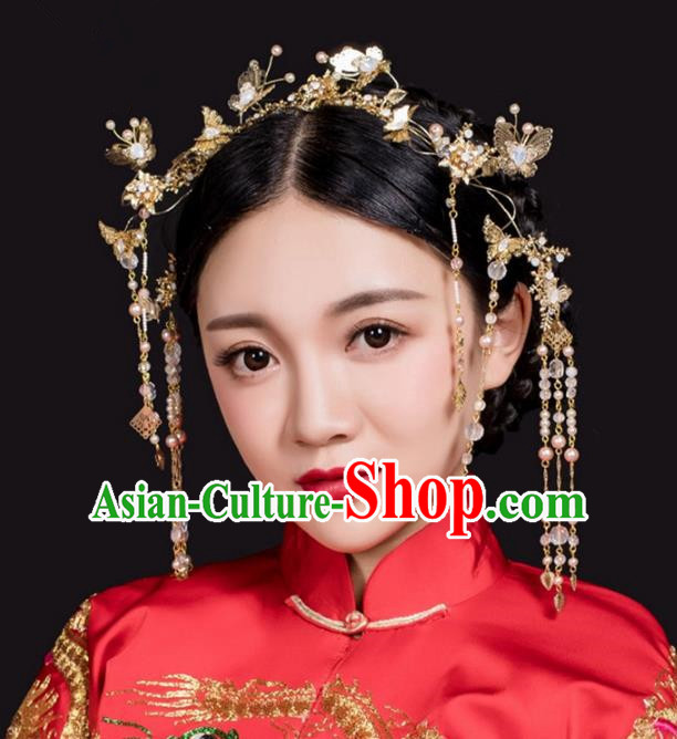 Aisan Chinese Handmade Classical Hair Accessories Golden Butterfly Phoenix Coronet Complete Set, China Xiuhe Suit Hairpins Wedding Headwear for Women