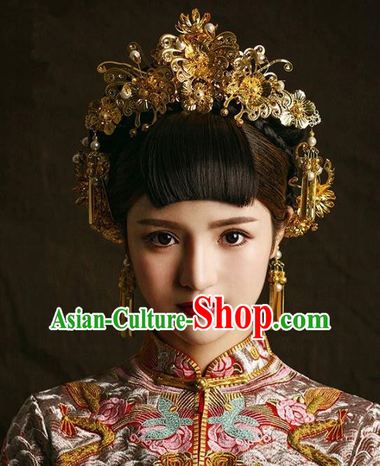 Aisan Chinese Handmade Classical Hair Accessories Golden Phoenix Coronet Complete Set, China Xiuhe Suit Hair Stick Hairpins Wedding Headwear for Women