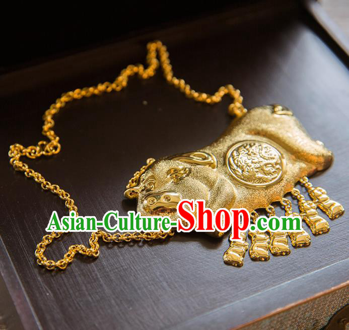 Aisan Chinese Handmade Classical Jewelry Accessories Golden Pig Necklace, China Xiuhe Suit Golden Tassel Necklet for Women