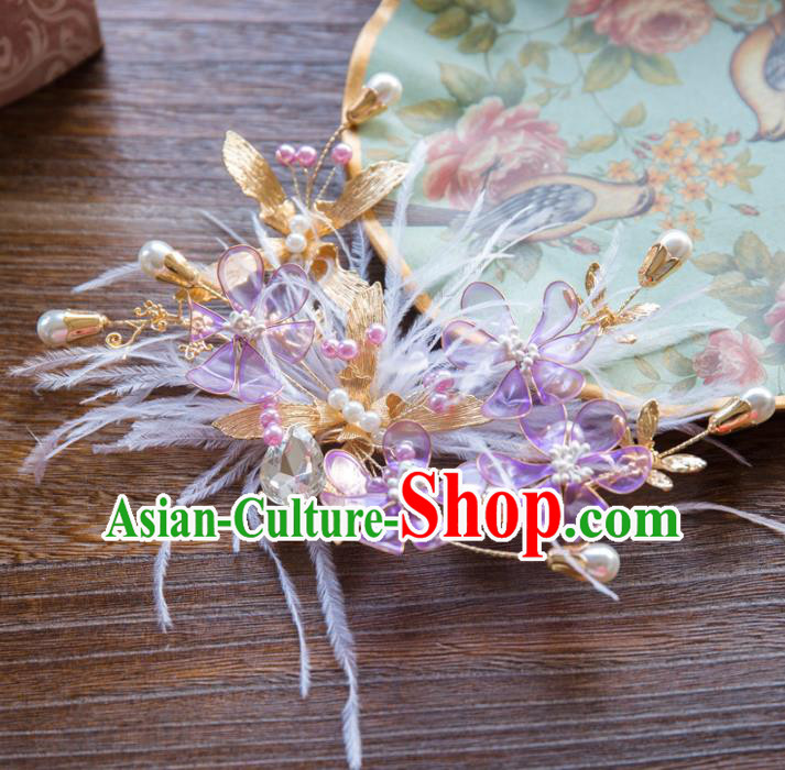 Top Grade Handmade Classical Hair Accessories Baroque Style Princess Purple Flowers Feather Hair Stick Headwear for Women