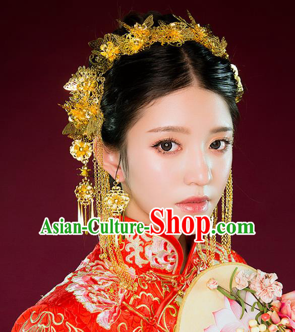 Aisan Chinese Handmade Classical Hair Accessories Golden Phoenix Coronet Complete Set, China Xiuhe Suit Hairpins Wedding Headwear for Women