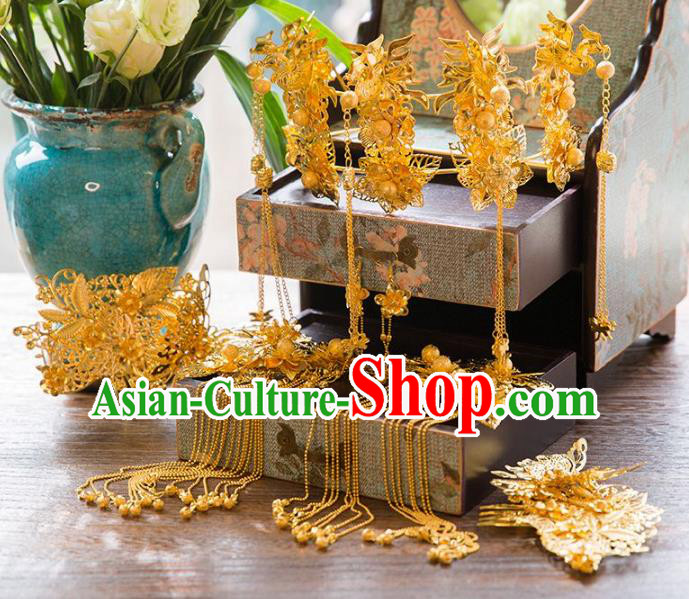 Aisan Chinese Handmade Classical Hair Accessories Golden Butterfly Phoenix Coronet Complete Set, China Xiuhe Suit Hairpins Wedding Headwear for Women