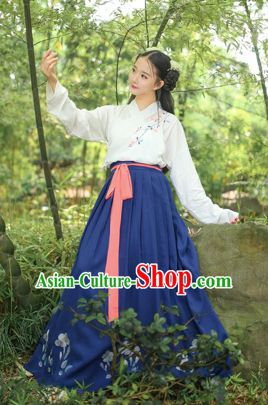 Asian Chinese Oriental Hanfu Costumes Han Dynasty Embroidered Blouse and Slip Skirts, Traditional China Ancient Princess Embroidery Clothing for Women