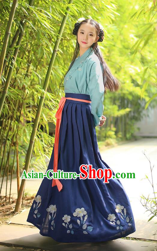 Asian Chinese Hanfu Costumes Han Dynasty Embroidered Green Blouse and Grey Slip Skirts Complete Set for Women