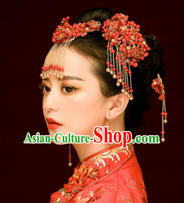 Aisan Chinese Handmade Classical Hair Accessories Red Beads Phoenix Coronet Complete Set, China Xiuhe Suit Hairpins Wedding Headwear for Women