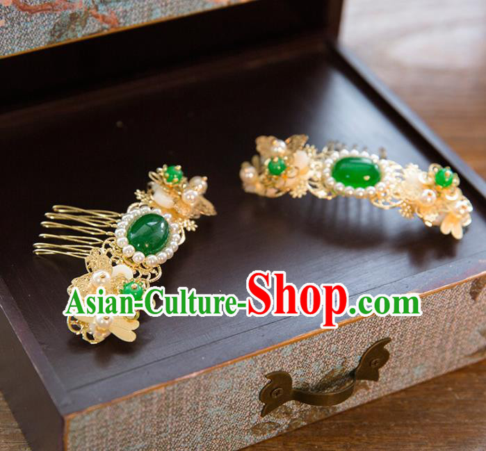 Aisan Chinese Handmade Classical Hair Accessories Green Jade Hair Comb, China Xiuhe Suit Hairpins Wedding Headwear for Women