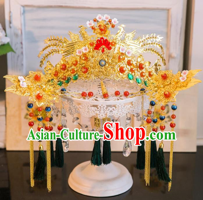 Aisan Chinese Handmade Classical Hair Accessories Hanfu Green Tassel Phoenix Coronet, China Xiuhe Suit Hairpins Wedding Headwear for Women