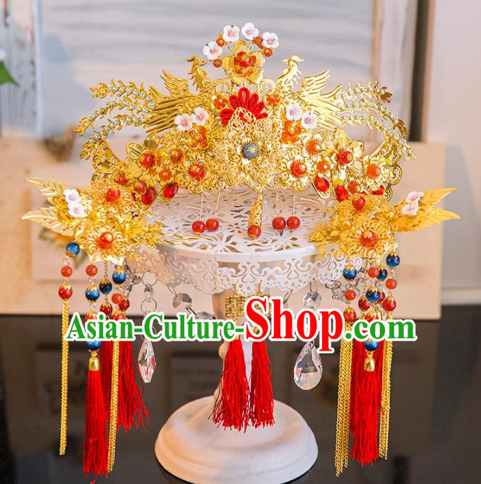 Aisan Chinese Handmade Classical Hair Accessories Hanfu Red Tassel Phoenix Coronet, China Xiuhe Suit Hairpins Wedding Headwear for Women