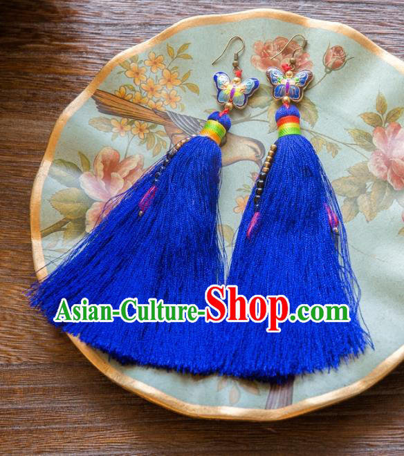 Chinese Handmade Classical Embroidery Butterfly Earrings, China Xiuhe Suit Wedding Blue Tassel Eardrop for Women