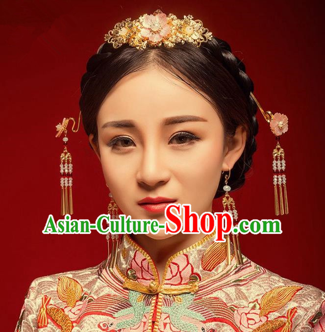 Chinese Handmade Classical Hair Accessories Pink Flower Phoenix Coronet Complete Set, China Xiuhe Suit Hairpins Wedding Headwear for Women