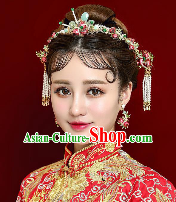 Chinese Handmade Classical Hair Accessories Pomegranate Hair Clasp Complete Set, China Xiuhe Suit Hairpins Wedding Headwear for Women