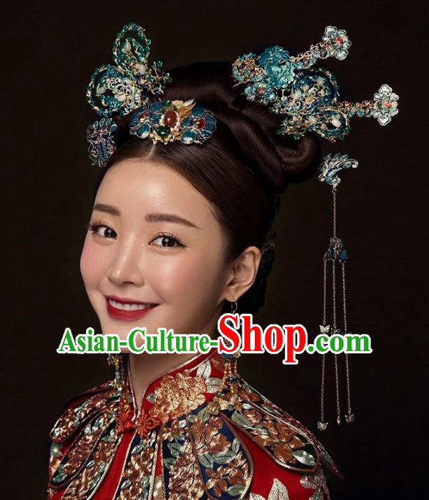 Chinese Handmade Classical Hair Accessories Cloisonne Butterfly Step Shake Complete Set, China Xiuhe Suit Tassel Hairpins Wedding Headwear for Women