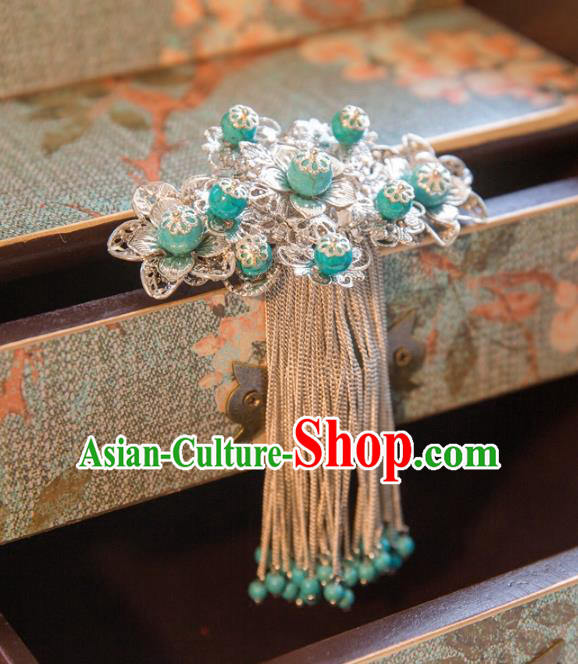 Chinese Handmade Classical Hair Accessories Green Tassel Back Hair Comb, China Xiuhe Suit Hairpins Wedding Headwear for Women