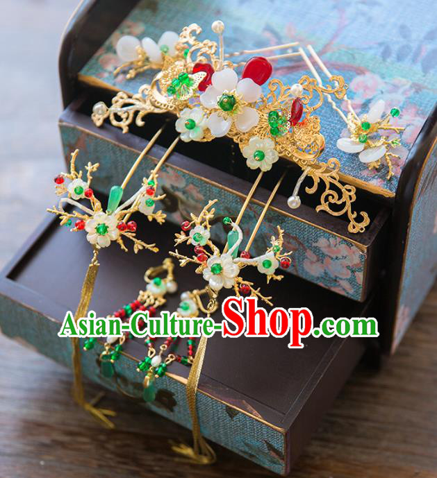 Chinese Handmade Classical Hair Accessories White Flowers Hair Comb Complete Set, China Xiuhe Suit Hairpins Wedding Headwear for Women