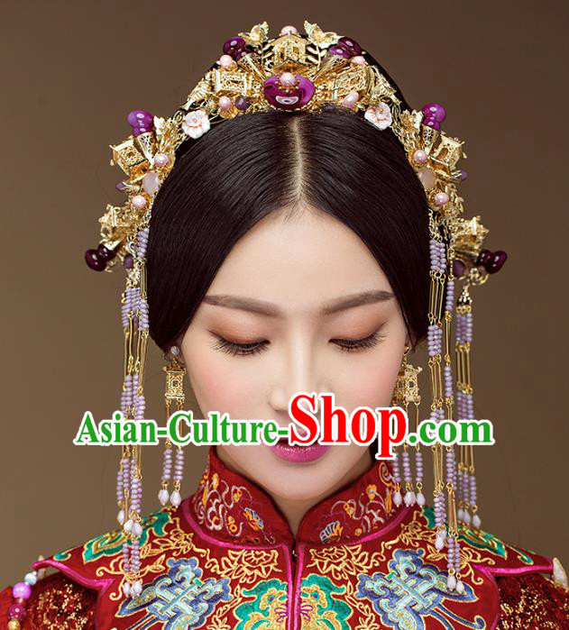 Chinese Handmade Classical Hair Accessories Complete Set Purple Jade Phoenix Coronet, China Xiuhe Suit Hairpins Wedding Headwear for Women