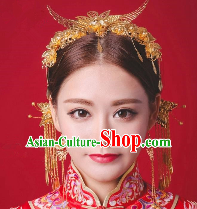 Aisan Chinese Handmade Classical Hair Accessories Phoenix Coronet Complete Set, China Xiuhe Suit Hairpins Wedding Headwear for Women